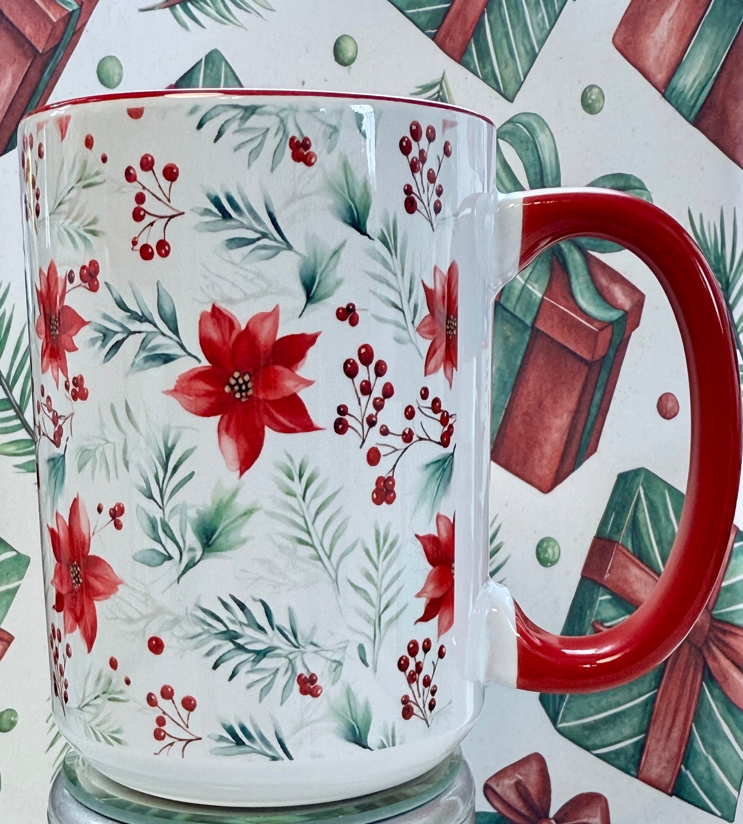 Poinsettia & Holly Berries Mug – 15 oz (Red interior, red handle)