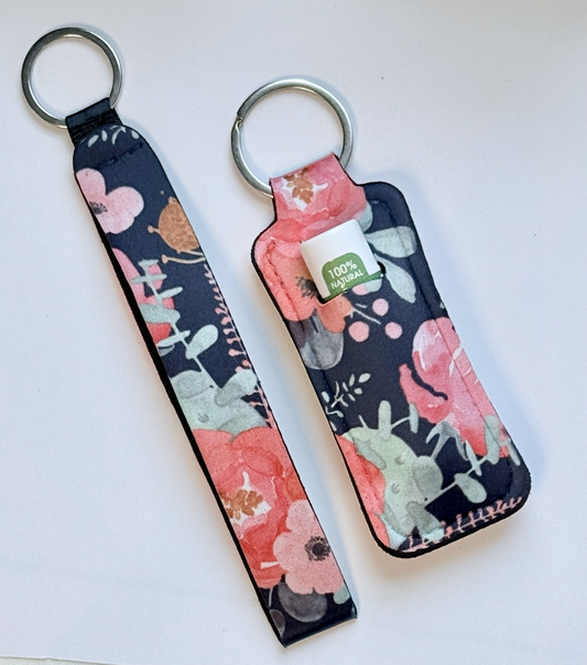 Pink Flowers/Black Background Wristlet and Lip Balm Holder set (flavored lip balm included)